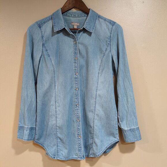 J. Jill Long Sleeve Chambray Button Down Shirt Denim Cotton Western Petite XS - Picture 1 of 10